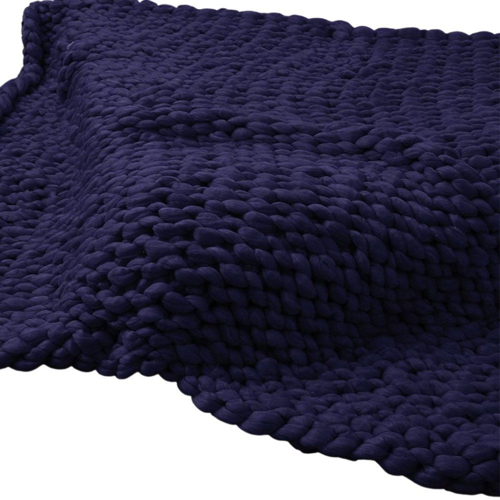 HAND KNITTED Jumbo Chunky Soft Throw Blanket Navy Worsted Yarn - Picture 4 of 9